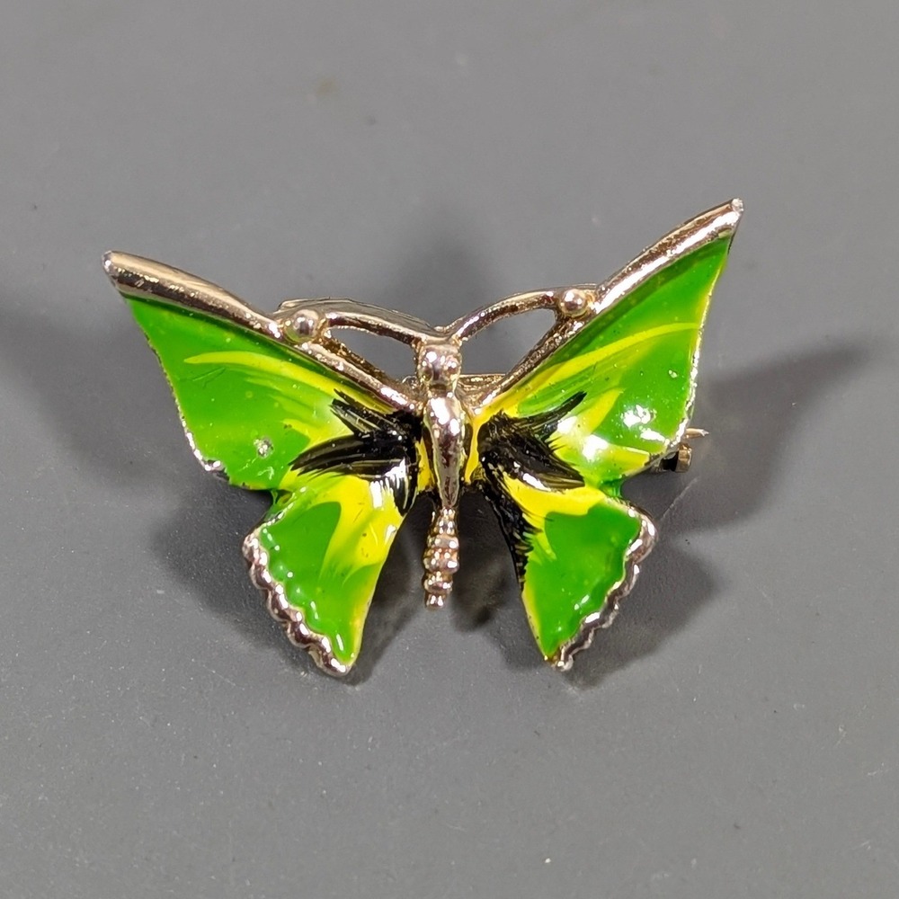 Vintage Electric‎ Green Yellow Enamel Butterfly Pin Gold Tone Small Dainty